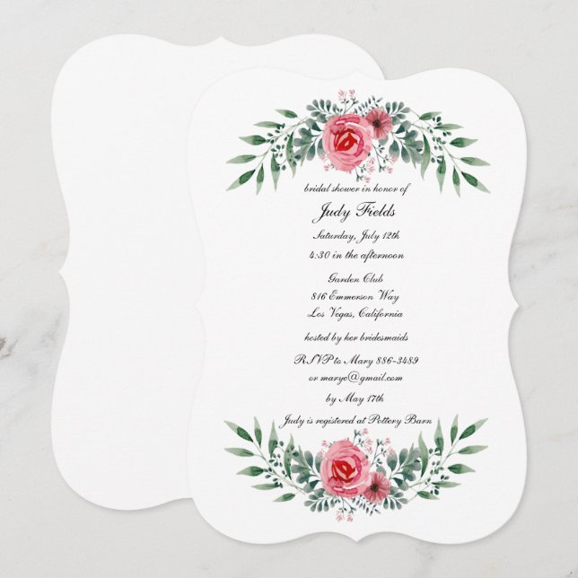 Invitación Acuarela Rosa Rosa Verde Foliage Bridal Showe (Anverso / Reverso)