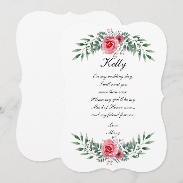 Invitación Acuarela Rosa Rosa Verde Foliage Maid of Honor (Anverso / Reverso)
