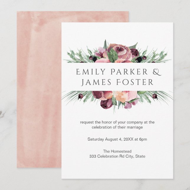 Invitación Acuarela Rosa turbio Boda de flores de borgoña (Anverso / Reverso)