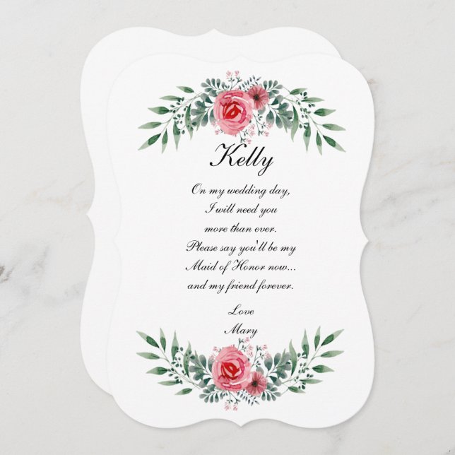 Invitación Acuarela Rosa Verde Follaje DamaDeHonor (Anverso / Reverso)