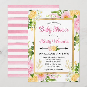 Invitación Acuarela Rosa y Amarillo Flores Baby Shower
