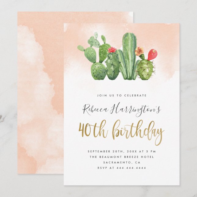 Invitación Acuarela rosa y cactus de Rubor 40 años (Anverso / Reverso)