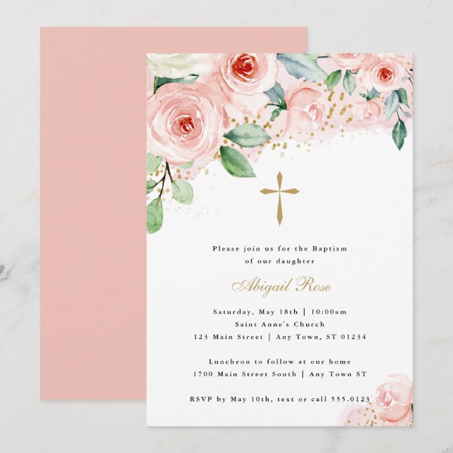 Invitación Acuarela rosa y dorada Floral Bautismo religioso f (Anverso / Reverso)