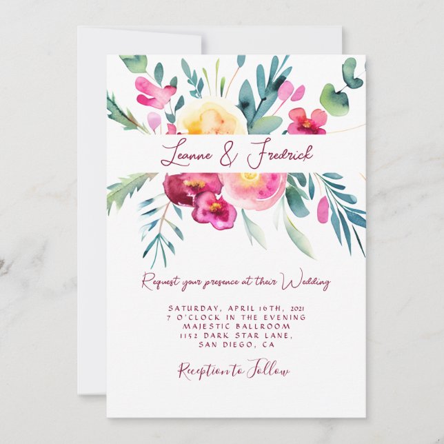 Invitación Acuarela rosa y Fushia floral costumbre Boda (Anverso)