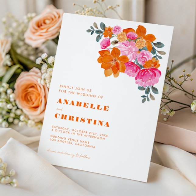Invitación Acuarela rosa y Naranja Boda de vibración floral (Subido por el creador)