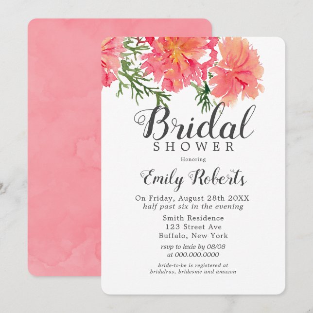 Invitación Acuarela rosa y Naranja Dahlia Bridal Shower (Anverso / Reverso)