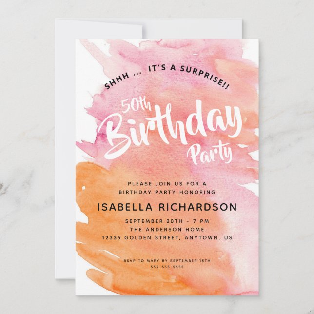Invitación Acuarela rosa y Naranja Sorpresa 50 cumpleaños (Anverso)