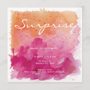 Invitación Acuarela rosa y Naranja Sorpresa Cumpleaños