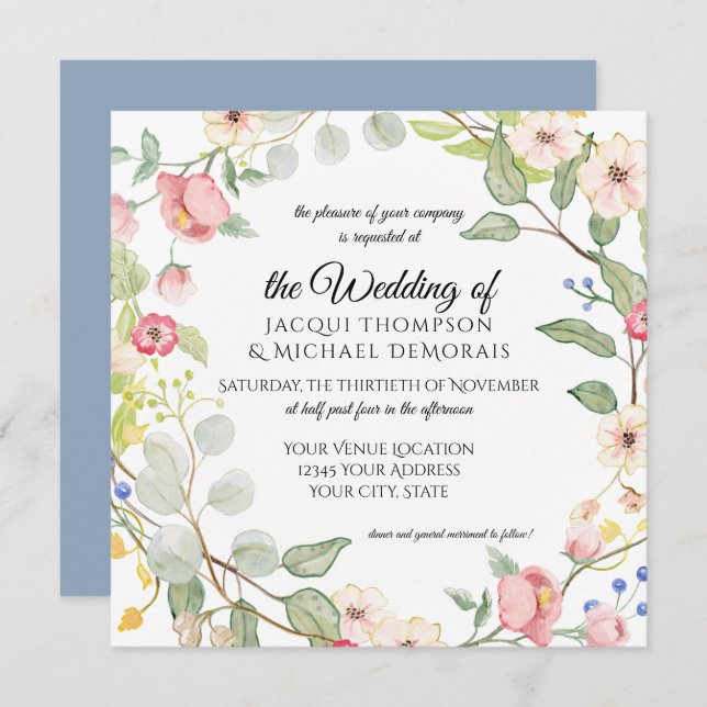 Invitación Acuarela rosada azul polvorienta Painterly de (Anverso / Reverso)