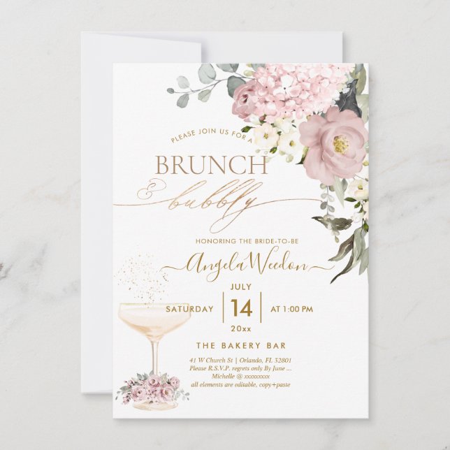 Invitación Acuarela Rosas agitados Hydrangea Brunch Bubbly (Anverso)