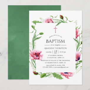 Invitación Acuarela Rosas Amapolas Bautizo