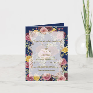 Invitación Acuarela Rosas Amarillas Borgoña Polvorientas/Azul