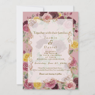 Invitación Acuarela Rosas Amarillas Burgundy Polvorientas/Pla