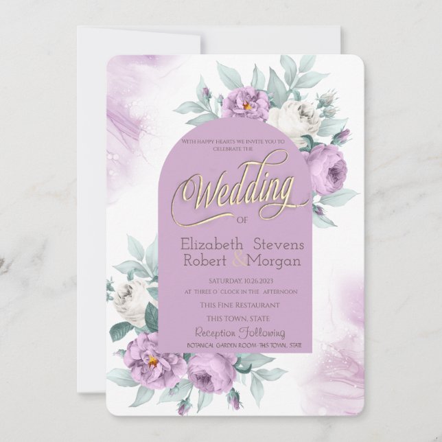 Invitación Acuarela Rosas de Lilac Polka Dots Boda (Anverso)