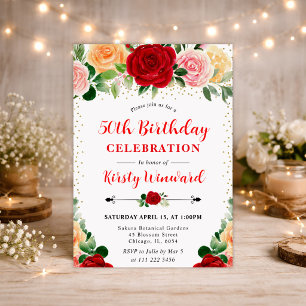 Invitación Acuarela Rosas Naranjas Rojas Foto cumpleaños 50