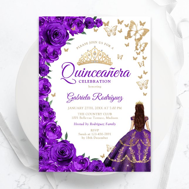 Invitación Acuarela Rosas púrpura Quinceanera floral (Subido por el creador)