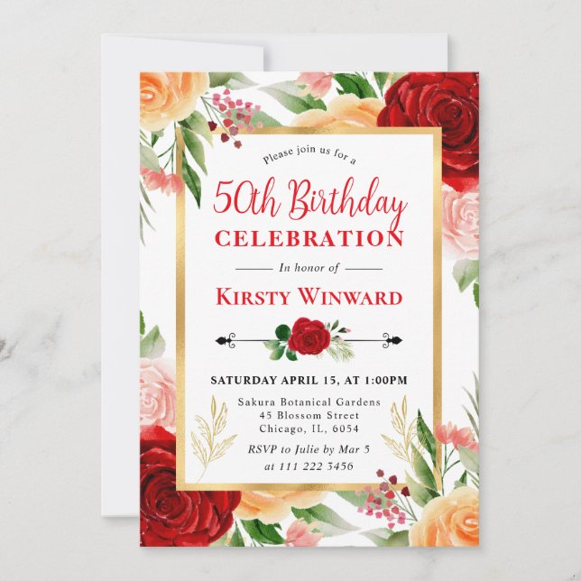 Invitación Acuarela Rosas Rojas y Naranjas Cumpleaños 50 (Anverso)