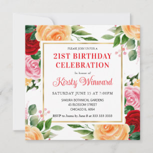 Invitación Acuarela Rosas Rojas y Naranjas Flores Cumpleaños