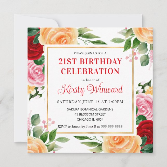 Invitación Acuarela Rosas Rojas y Naranjas Flores Cumpleaños (Anverso)