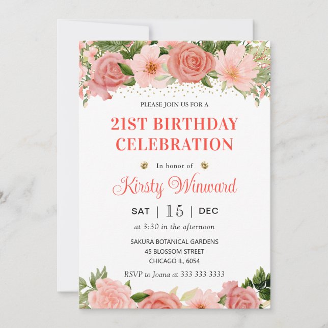 Invitación Acuarela Rosas Rojas y Rosadas Cumpleaños (Anverso)