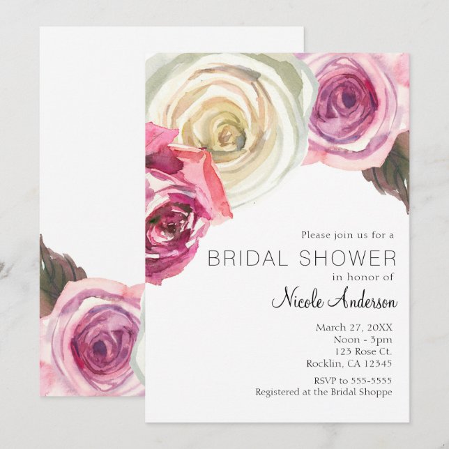 Invitación Acuarela Rosas Rosa y Blanco Chic Desayuno Nupcial (Anverso / Reverso)