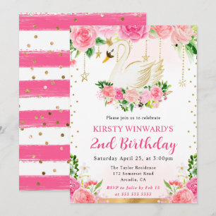 Invitación Acuarela Rosas Rosadas Cisne Cumpleaños de Verano