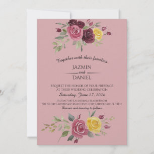 Invitación Acuarela Rosas Rosadas de Campo de Borgoña