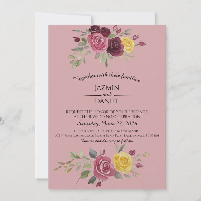 Invitación Acuarela Rosas Rosadas de Campo de Borgoña (Anverso)