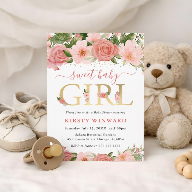 Invitación Acuarela Rosas Rosadas Flores Baby Shower (Subido por el creador)