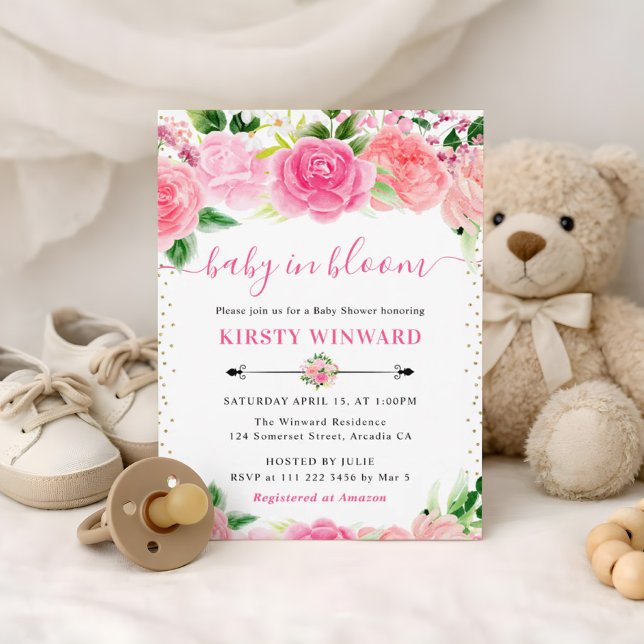 Invitación Acuarela Rosas Rosadas Flores Baby Shower (Subido por el creador)