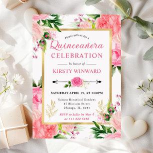 Invitación Acuarela Rosas Rosadas Flores de Verano Quinceañer