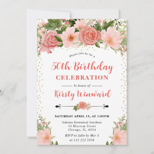 Invitación Acuarela Rosas Rosadas y Foto cumpleaños 50