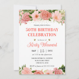 Invitación Acuarela Rosas Rosadas y Rojas Cumpleaños 50