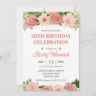 Invitación Acuarela Rosas Rosadas y Rojas Cumpleaños 50