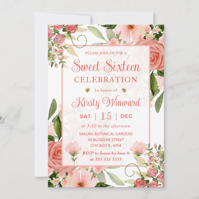 Invitación Acuarela Rosas Rosadas y Rojas Dulces Dieciséis (Anverso)