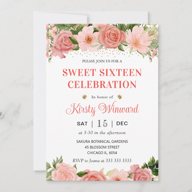 Invitación Acuarela Rosas Rosadas y Rojas Dulces Dieciséis (Anverso)