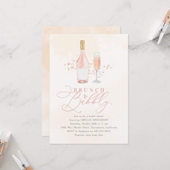 Invitación Acuarela Rubor Brunch rosado Bubbly Bridal Shower (Anverso/Reverso In Situ)