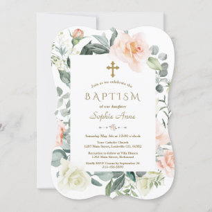 Invitación Acuarela Rubor Flores Blancas Bautismo Chica de or
