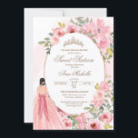 Invitación Acuarela Rubor Flores rosas dulces 16 cumpleaños<br><div class="desc">Flores color agua rosa Rubor y un chica con un hermoso vestido a juego. 

Consulte la tienda para ver esta invitación con chicas de diferentes colores de cabello y tonos de piel y más variaciones.</div>