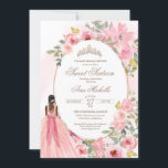 Invitación Acuarela Rubor Flores rosas dulces 16 cumpleaños<br><div class="desc">Flores color agua rosa Rubor y un chica con un hermoso vestido a juego. 

Consulte la tienda para ver esta invitación con chicas de diferentes colores de cabello y tonos de piel y más variaciones.</div>