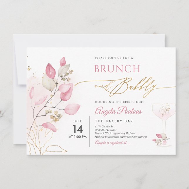 Invitación Acuarela Rubor Gum Rosa Eucalyptus Brunch Bubbly (Anverso)