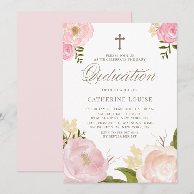 Invitación Acuarela Rubor Pink Peony Floral Baby Dedication (Anverso / Reverso)