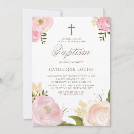Invitación Acuarela Rubor Pink Peony Floral Baptismo