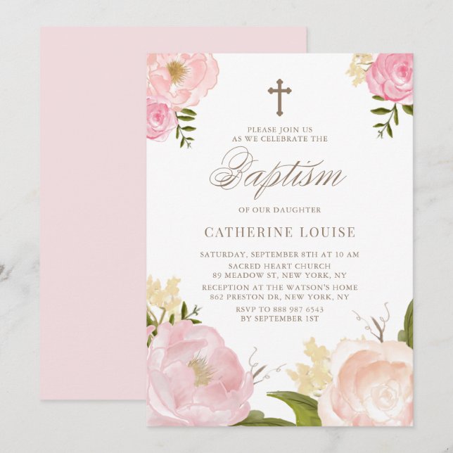 Invitación Acuarela Rubor Pink Peony Floral Baptismo (Anverso / Reverso)