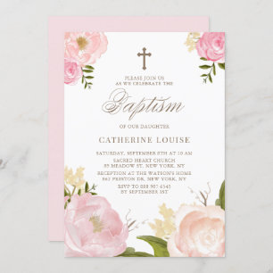 Invitación Acuarela Rubor Pink Peony Floral Baptismo