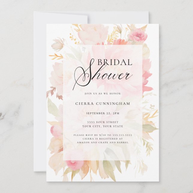 Invitación Acuarela Rubor Pink Peony Floral Brillante (Anverso)