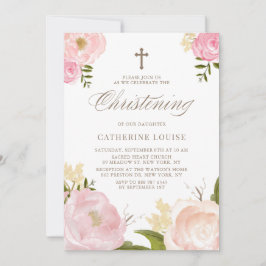 Invitación Acuarela Rubor Pink Peony Floral Christening