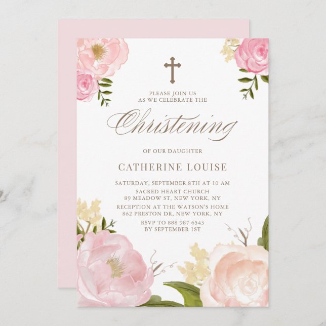 Invitación Acuarela Rubor Pink Peony Floral Christening (Anverso / Reverso)