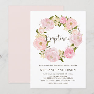 Invitación Acuarela Rubor Pink Peony Wreath Baptism