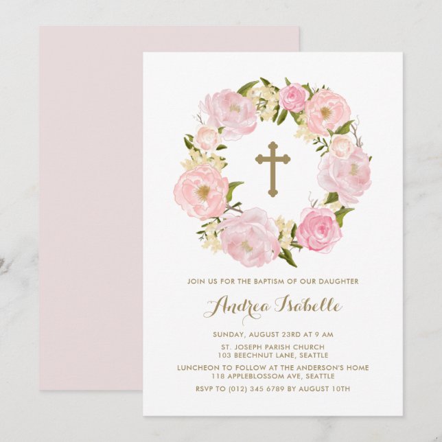Invitación Acuarela Rubor Pink Peony Wreath Baptism (Anverso / Reverso)